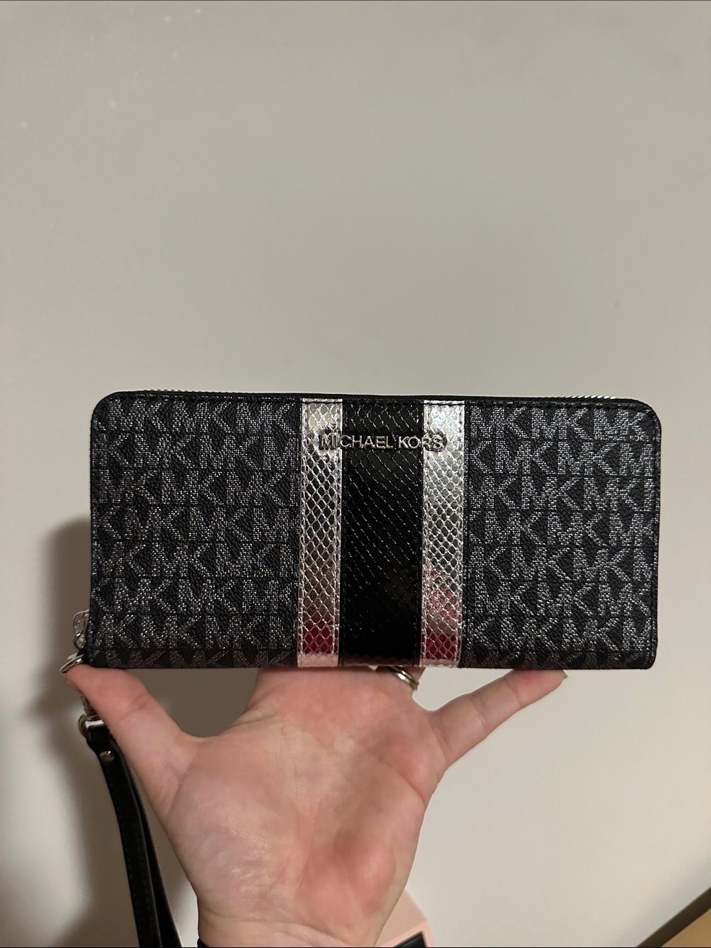 Michael Kors Black and Silver Signature Zip-Around Wristlet Wallet